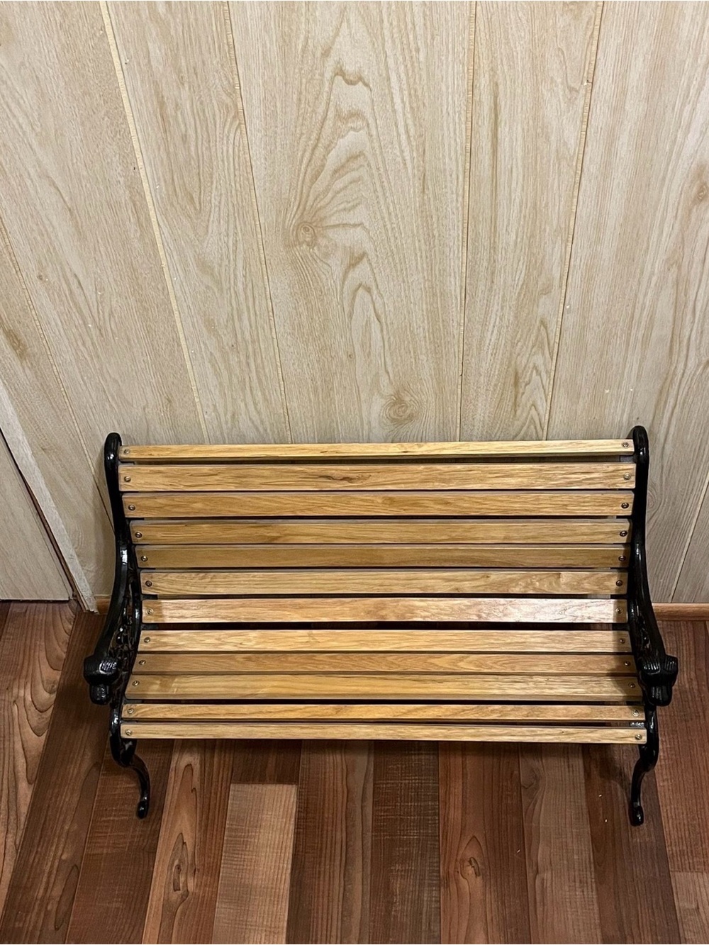Wood Slat Garden Bench with Black Cast Iron Ends